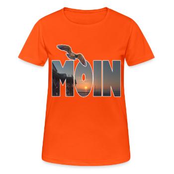 Moin (Motiv: St. Peter Ording) - Frauen T-Shirt atmungsaktiv - Neonorange - Vorne - AI Model Female 172 dark (172cm)
