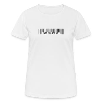 Made in Germany - Deutschland - Barcode - Strichco - Frauen T-Shirt atmungsaktiv - Weiß - Vorne - AI Model Female 172 dark (172cm)