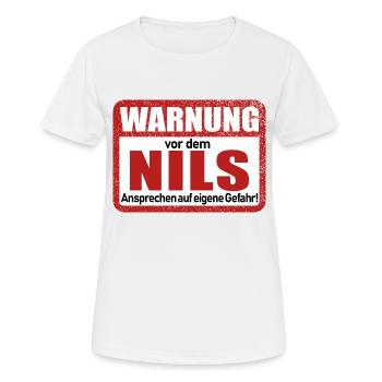 Nils Name Lustiges Warnschild - Frauen T-Shirt atmungsaktiv - Weiß - Vorne - AI Model Female 172 dark (172cm)