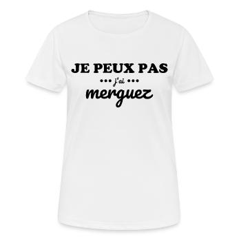 "T-shirt "Je peux pas j'ai merguez" - T-shirt respirant Femme - blanc - Devant - AI Model Female 172 dark (172cm)