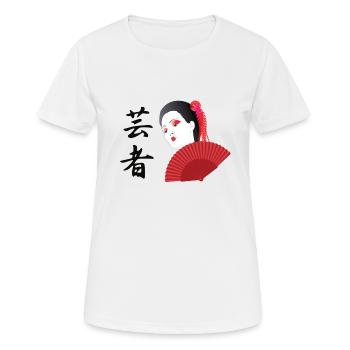 Geisha with caligraphy becomes Geisha and handfan - Women's Breathable T-Shirt - white - Front - AI Model Female 172 dark (172cm)