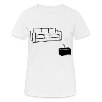 Salon, les hommes, de la bière, canapé, télévision - T-shirt respirant Femme - blanc - Devant - AI Model Female 172 dark (172cm)