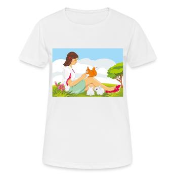 Cute girl playing with squirrel and rabbits - Women's Breathable T-Shirt - white - Front - AI Model Female 172 dark (172cm)