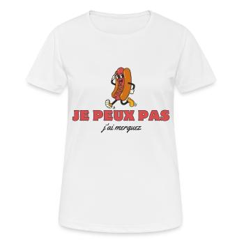 "T-shirt "Je peux pas j'ai merguez" - T-shirt respirant Femme - blanc - Devant - AI Model Female 172 dark (172cm)