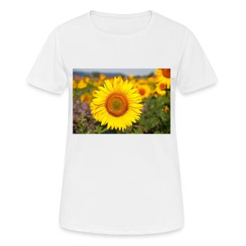 Sonnenblumen Blütenkopf ragt aus einem Feld hervor - Frauen T-Shirt atmungsaktiv - Weiß - Vorne - AI Model Female 172 dark (172cm)