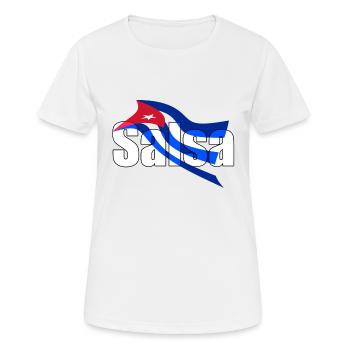 Hintergrund mit kubanischer Flagge geschriebener Salsa - Frauen T-Shirt atmungsaktiv - Weiß - Vorne - AI Model Female 172 dark (172cm)