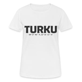 Turku Finlande - Coordonnées - Longitude - Latitude - T-shirt respirant Femme - blanc - Devant - AI Model Female 172 dark (172cm)