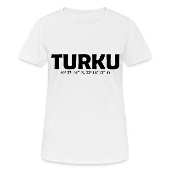 Turku Finland - Coordinates - Longitude - Latitude - Frauen T-Shirt atmungsaktiv - Weiß - Vorne - AI Model Female 172 dark (172cm)