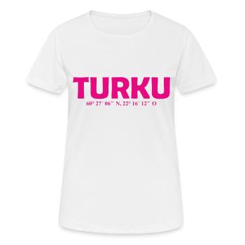Turku Finlande - Coordonnées - Longitude - Latitude - T-shirt respirant Femme - blanc - Devant - AI Model Female 172 dark (172cm)
