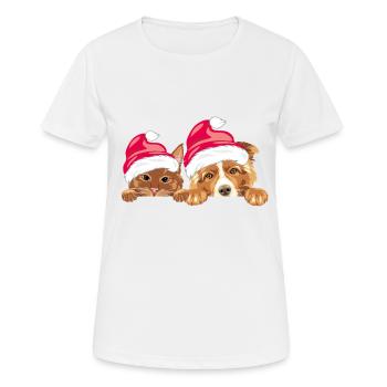 Guckende rote Katze und Hund mit Weihnachtsmannmützen - Frauen T-Shirt atmungsaktiv - Weiß - Vorne - AI Model Female 172 dark (172cm)