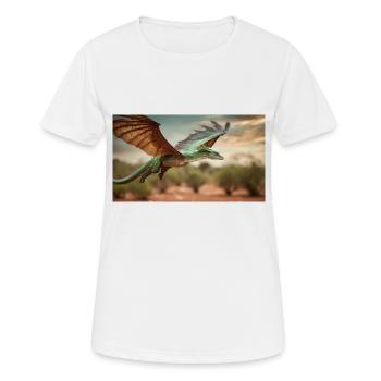 Ein realistischer grün-orangefarbener Drache im Outback - Frauen T-Shirt atmungsaktiv - Weiß - Vorne - AI Model Female 172 dark (172cm)
