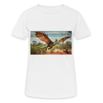 Ein realistischer grün-orangefarbener Drache im Outback - Frauen T-Shirt atmungsaktiv - Weiß - Vorne - AI Model Female 172 dark (172cm)