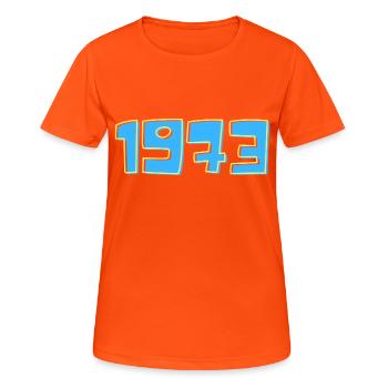 1973 Blau und Gelb - Frauen T-Shirt atmungsaktiv - Neonorange - Vorne - AI Model Female 172 dark (172cm)