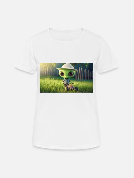 niedliches kleines grünes Retro Alien Rasen mähen - Frauen T-Shirt atmungsaktiv - Weiß