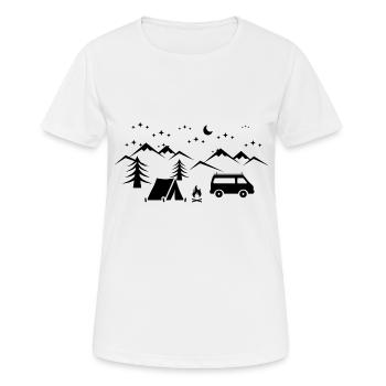 Camping en plein air dans le bus et tente avec feu de camp - T-shirt respirant Femme - blanc - Devant - AI Model Female 172 dark (172cm)