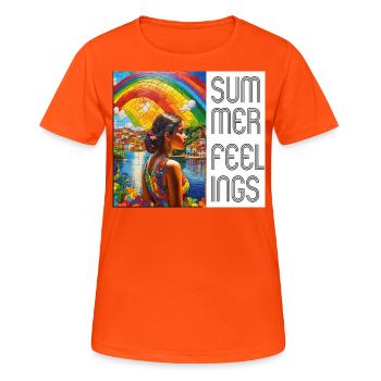 Summer Feeling: Regenbogen über einer brasilianisc - Frauen T-Shirt atmungsaktiv - Neonorange - Vorne - AI Model Female 172 dark (172cm)