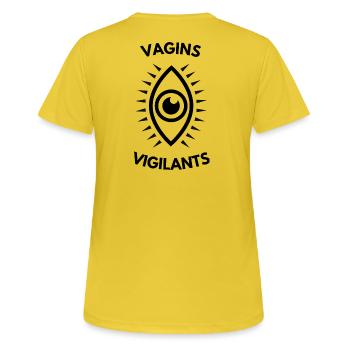 Vigilant Vaginas Parodie - Frauen T-Shirt atmungsaktiv - Sonnengelb - Hinten - AI Model Female 172 dark (172cm)