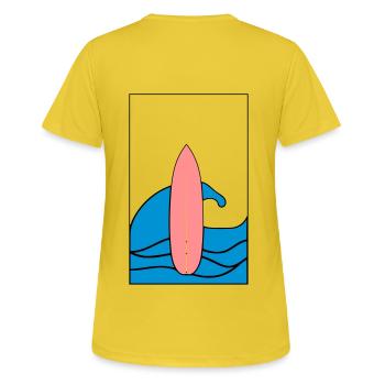 Logo quadrilatère : Planche de surf rose avec onde - T-shirt respirant Femme - jaune soleil - Dos - AI Model Female 172 dark (172cm)