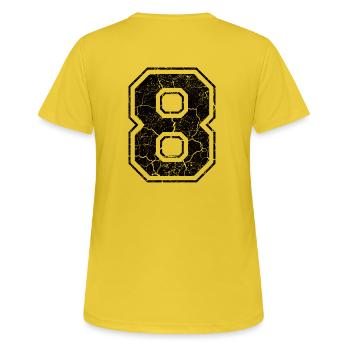 8_eight_acht_black_schwarz (de) - Frauen T-Shirt atmungsaktiv - Sonnengelb - Hinten - AI Model Female 172 dark (172cm)