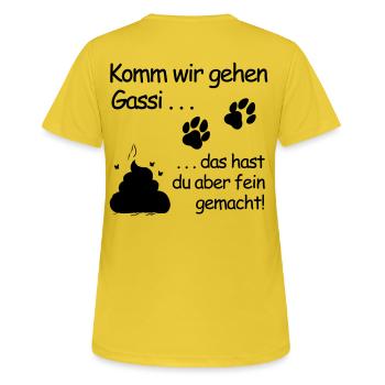 Komm wir gehen Gassi: Belohnung in Pfotenform - Frauen T-Shirt atmungsaktiv - Sonnengelb - Hinten - AI Model Female 172 dark (172cm)