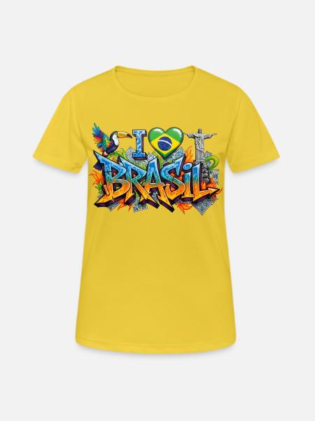 Lebendiges Graffiti Ich liebe Brasil Design - Frauen T-Shirt atmungsaktiv - Sonnengelb