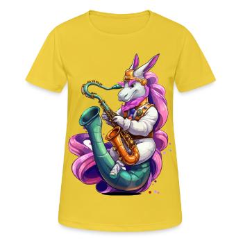 Funkelndes Einhorn Saxophon - Frauen T-Shirt atmungsaktiv - Sonnengelb - Vorne - AI Model Female 172 dark (172cm)