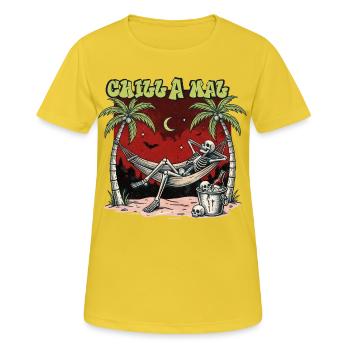 Chill A Mal – Skeleton Hammock Summer Humor - Women's Breathable T-Shirt - sunshine - Front - AI Model Female 172 dark (172cm)