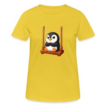 Süßer Pinguin auf Schaukel Spielplatz Cartoon - Frauen T-Shirt atmungsaktiv - Sonnengelb - Vorne - AI Model Female 172 dark (172cm)