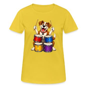 Excited Dog Playing Four Piece Drums - Women's Breathable T-Shirt - sunshine - Front - AI Model Female 172 dark (172cm)