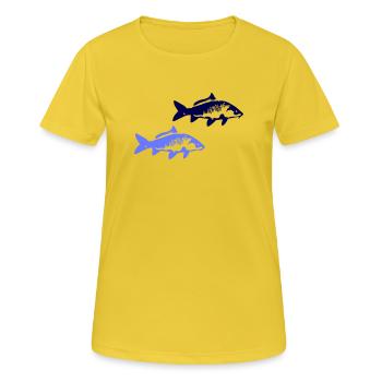 Zwei blaue Fischsilhouetten - Frauen T-Shirt atmungsaktiv - Sonnengelb - Vorne - AI Model Female 172 dark (172cm)