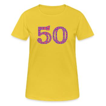 50. 50 ANS. 50e ANNIVERSAIRE. ANNIVERSAIRE 50 ANS. - T-shirt respirant Femme - jaune soleil - Devant - AI Model Female 172 dark (172cm)