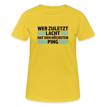 Wer zuletzt lacht höchsten Ping Gamer Shirt - Frauen T-Shirt atmungsaktiv - Sonnengelb - Vorne - AI Model Female 172 dark (172cm)