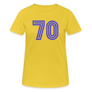 70. 70 ANS. 70e ANNIVERSAIRE. ANNIVERSAIRE 70 ANS. - T-shirt respirant Femme - jaune soleil - Devant - AI Model Female 172 dark (172cm)