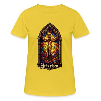 Auferstehung He is Risen Ostern Jesus - Frauen T-Shirt atmungsaktiv - Sonnengelb - Vorne - AI Model Female 172 dark (172cm)