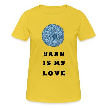 La laine est mon amour – Fil bleu – Crochet & tricot - T-shirt respirant Femme - jaune soleil - Devant - AI Model Female 172 dark (172cm)