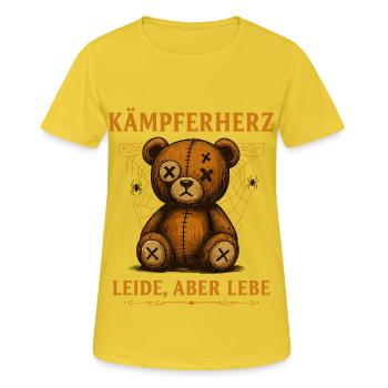 Verletzter Teddy mit Kämpferherz - Frauen T-Shirt atmungsaktiv - Sonnengelb - Vorne - AI Model Female 172 dark (172cm)
