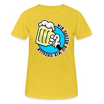Wir saufen bis wir umfallen - Party und Bier - Frauen T-Shirt atmungsaktiv - Sonnengelb - Vorne - AI Model Female 172 dark (172cm)