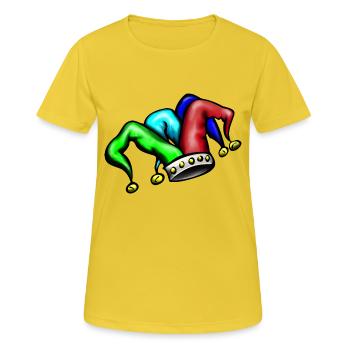 Gauklermütze Narrenkappe mit Glöckchen - Frauen T-Shirt atmungsaktiv - Sonnengelb - Vorne - AI Model Female 172 dark (172cm)
