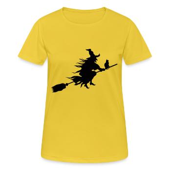 mythische halloween Hexe mit Katze - Frauen T-Shirt atmungsaktiv - Sonnengelb - Vorne - AI Model Female 172 dark (172cm)