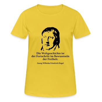 Hegel: Die Weltgeschichte ist der Fortschritt im - Frauen T-Shirt atmungsaktiv - Sonnengelb - Vorne - AI Model Female 172 dark (172cm)