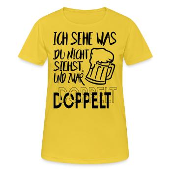 Sprüche Alkohol Doppelt sehen besoffen schielen - Frauen T-Shirt atmungsaktiv - Sonnengelb - Vorne - AI Model Female 172 dark (172cm)