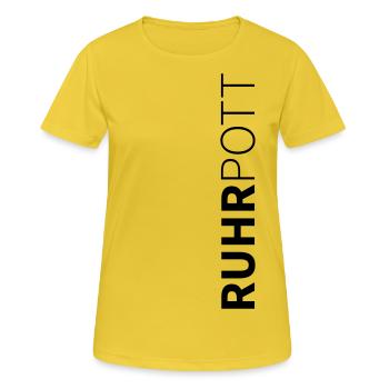 Ruhrpott-Logo – Der Pott steht Kopf! - Frauen T-Shirt atmungsaktiv - Sonnengelb - Vorne - AI Model Female 172 dark (172cm)