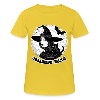 Hexe mit Katze - Halloween Vollzeit Hexe 1 - Frauen T-Shirt atmungsaktiv - Sonnengelb - Vorne - AI Model Female 172 dark (172cm)