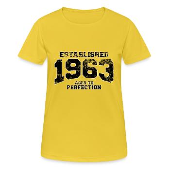 established 1963 - aged to perfection - Frauen T-Shirt atmungsaktiv - Sonnengelb - Vorne - AI Model Female 172 dark (172cm)