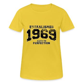 established 1969 - aged to perfection - Frauen T-Shirt atmungsaktiv - Sonnengelb - Vorne - AI Model Female 172 dark (172cm)