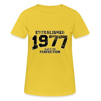 established 1977 - aged to perfection - Frauen T-Shirt atmungsaktiv - Sonnengelb - Vorne - AI Model Female 172 dark (172cm)