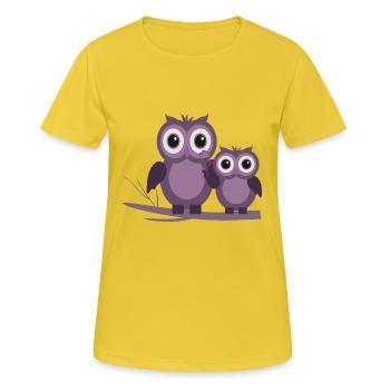 deux hiboux prune pourpre lilas - T-shirt respirant Femme - jaune soleil - Devant - AI Model Female 172 dark (172cm)