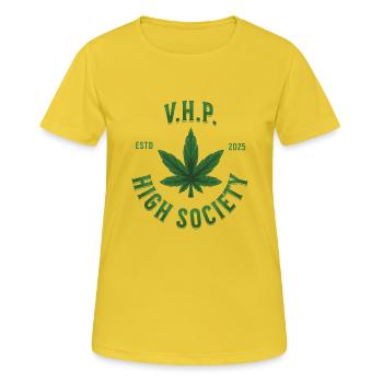 Cannabis T-Shirt Mariuhana High Society - T-shirt respirant Femme - jaune soleil - Devant - AI Model Female 172 dark (172cm)