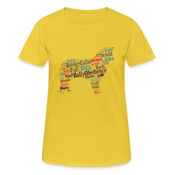 Rally Obedience Border Collie Wordcloud - Frauen T-Shirt atmungsaktiv - Sonnengelb - Vorne - AI Model Female 172 dark (172cm)