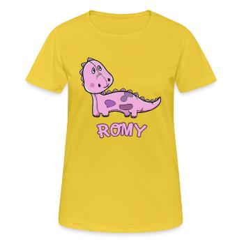 Dinosaurier lustig Kind Romy Geschenk Geburtstag K - Frauen T-Shirt atmungsaktiv - Sonnengelb - Vorne - AI Model Female 172 dark (172cm)